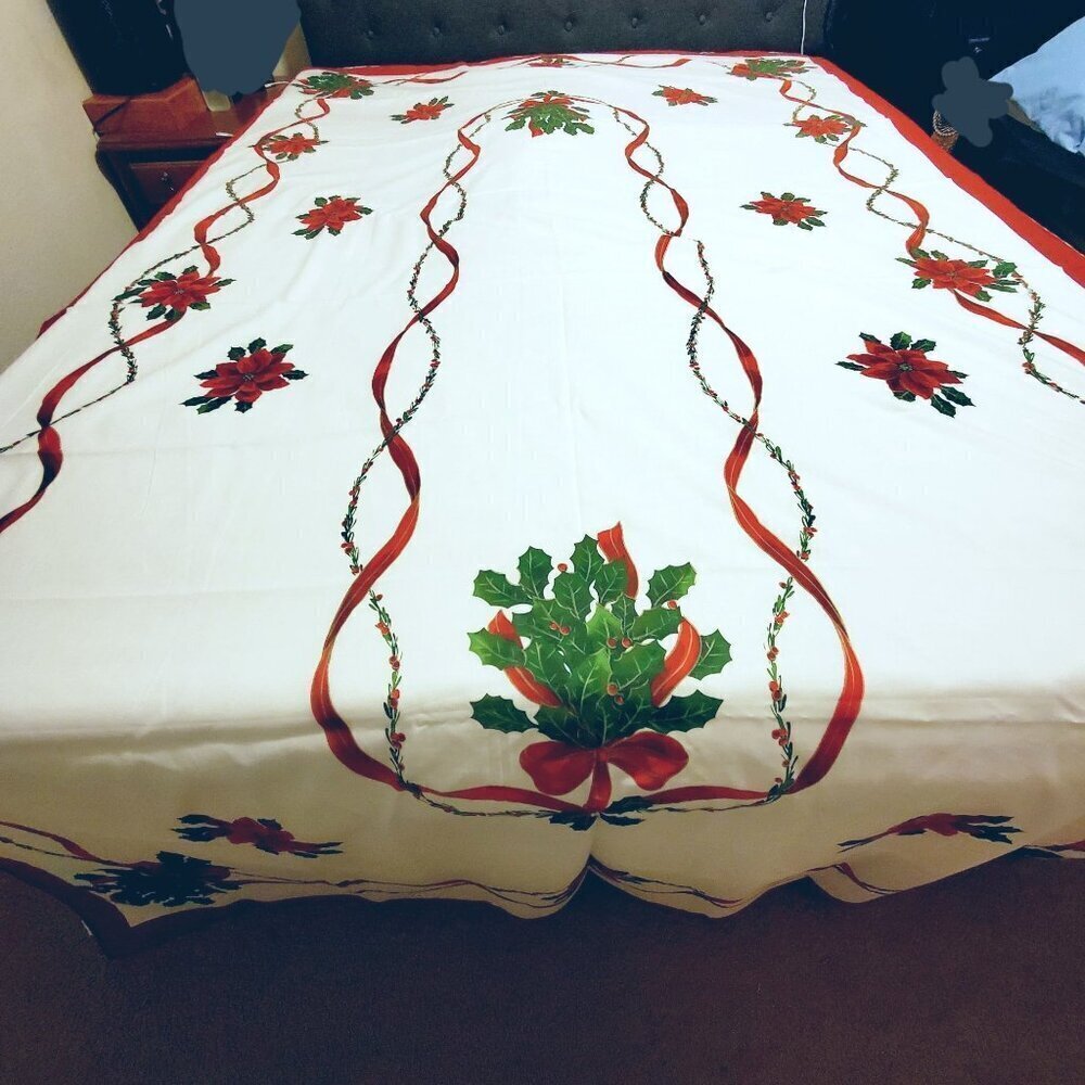 Christmas Holiday Tablecloth With Poinsettia Design 102" X 60" White and Red